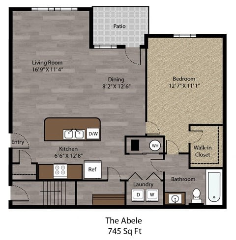 Floor plan for 1 bed, 1 bath, 745 sqft